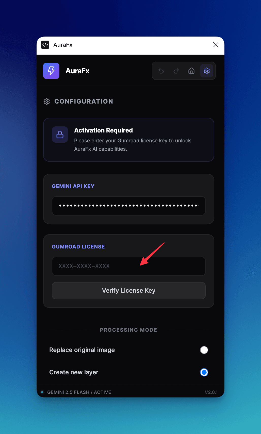 Entering license key in AuraFx settings
